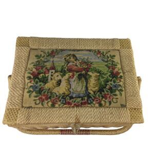 Vintage Sewing Basket W/Handle Woven Farm Girl Motif Fabric Top Box 8 x 10.5 x 7